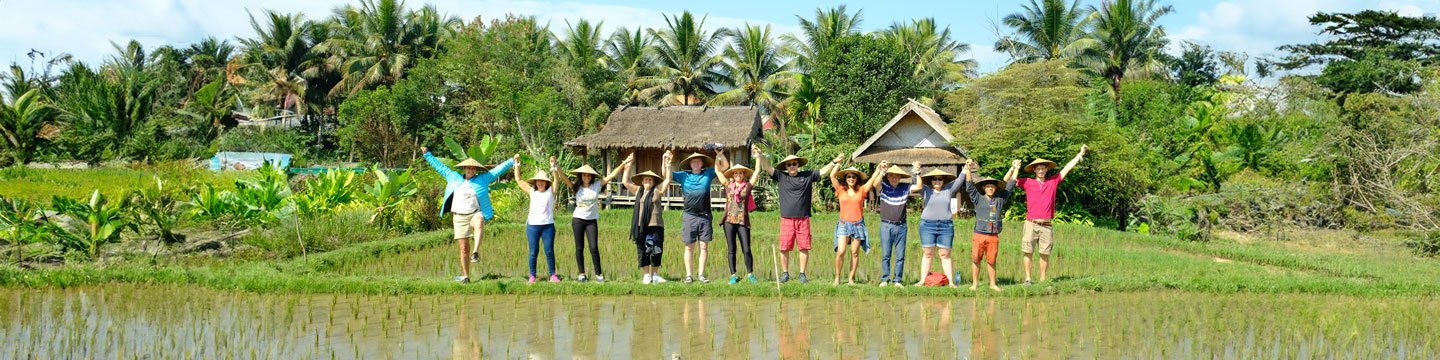 Grupo de ShantiTur en los arrozales, aprendiendo sobre el proceso de cultivo de arroz, rodeados de vegetación verde y casas rurales al fondo..