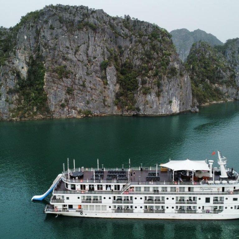 Vista aérea de un crucero boutique navegando entre los peñascos de Halong Bay, Vietnam